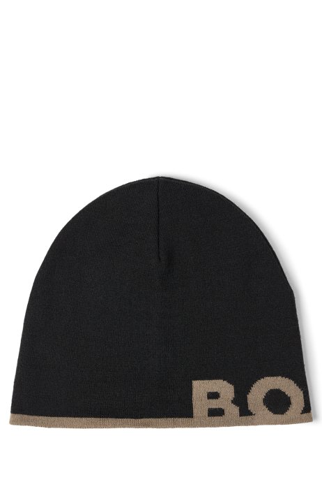 Beanie hat with contrast logo detail in soft yarns, Black
