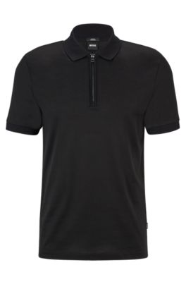 Hugo Boss Mercerised-cotton Slim-fit Polo Shirt With Zipped Placket- Black Men's Polo Shirts Size 2xl