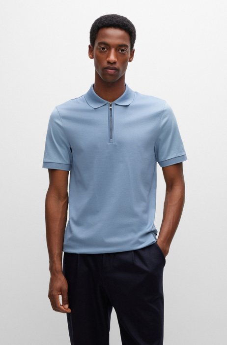 Mercerised-cotton slim-fit polo shirt with zipped placket, Light Blue