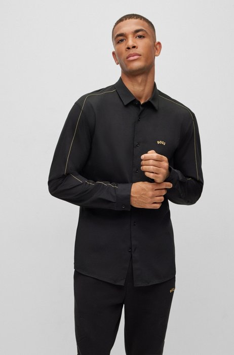 Regular-fit shirt in cotton-blend piqué, Black