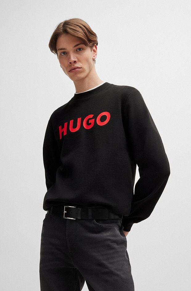 Crew-neck sweatshirt in French terry with contrast logo, Black