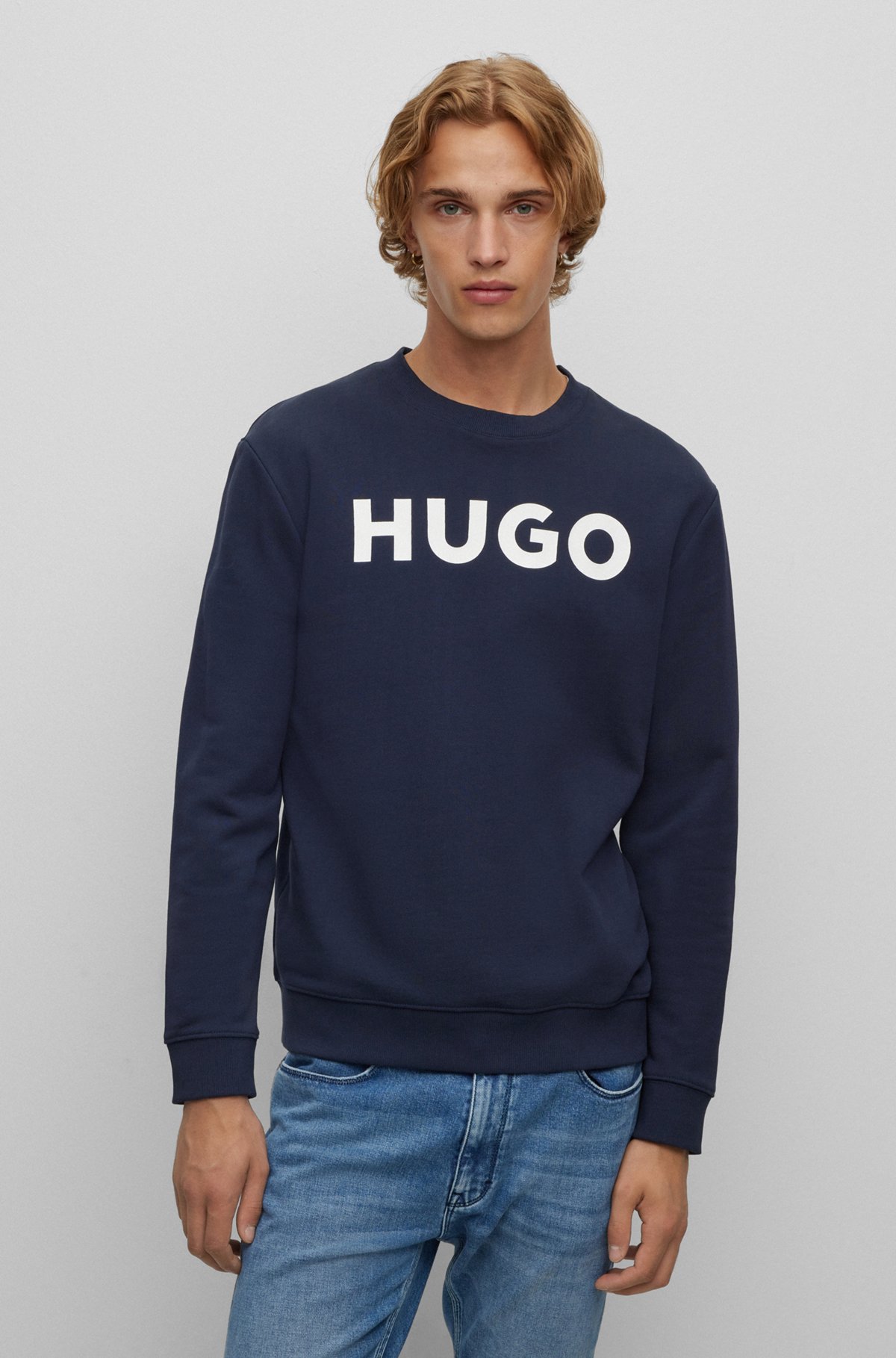 Cotton-terry regular-fit sweatshirt with logo print, Dark Blue
