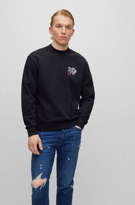 Relaxed-fit French-terry sweatshirt with tattoo-inspired artwork, Black