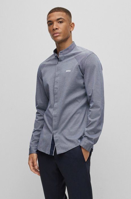 Collarless regular-fit shirt in cotton piqué, Grey