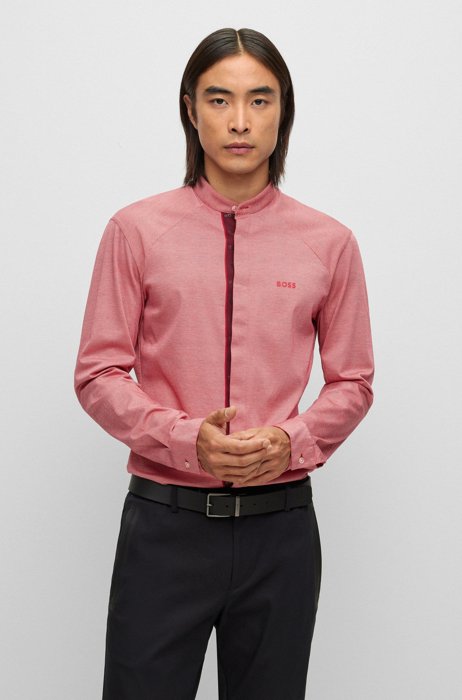 Collarless regular-fit shirt in cotton piqué, Light Red