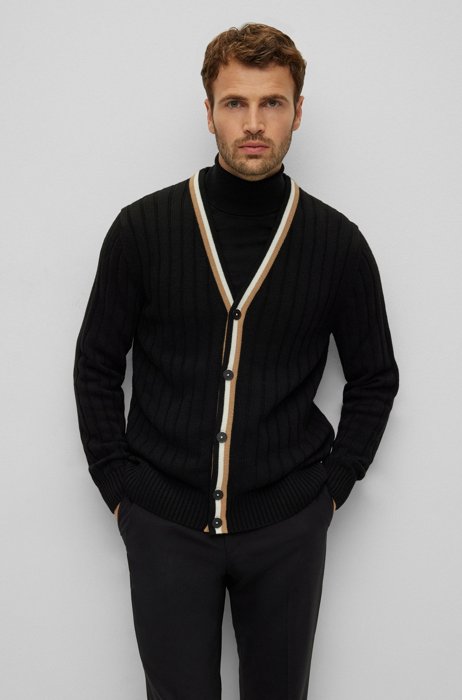 Relaxed-fit ribbed cardigan with signature-stripe trim, Black