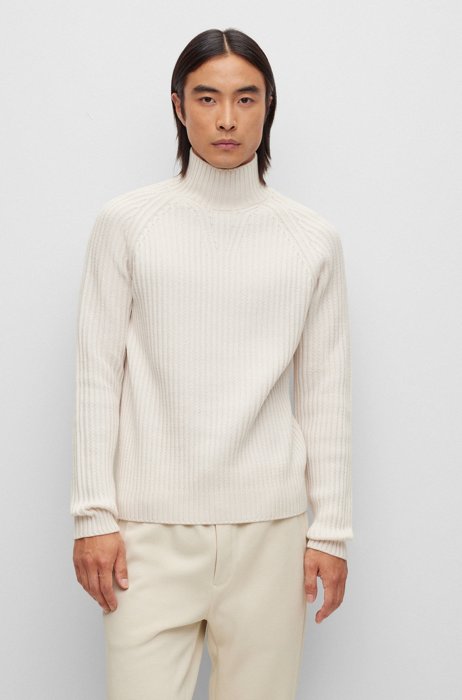 Ribbed mock-neck sweater in responsible virgin wool, White