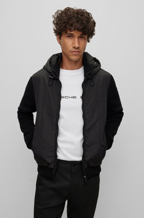 Porsche x BOSS relaxed-fit hooded jacket with quilted front panel, Black