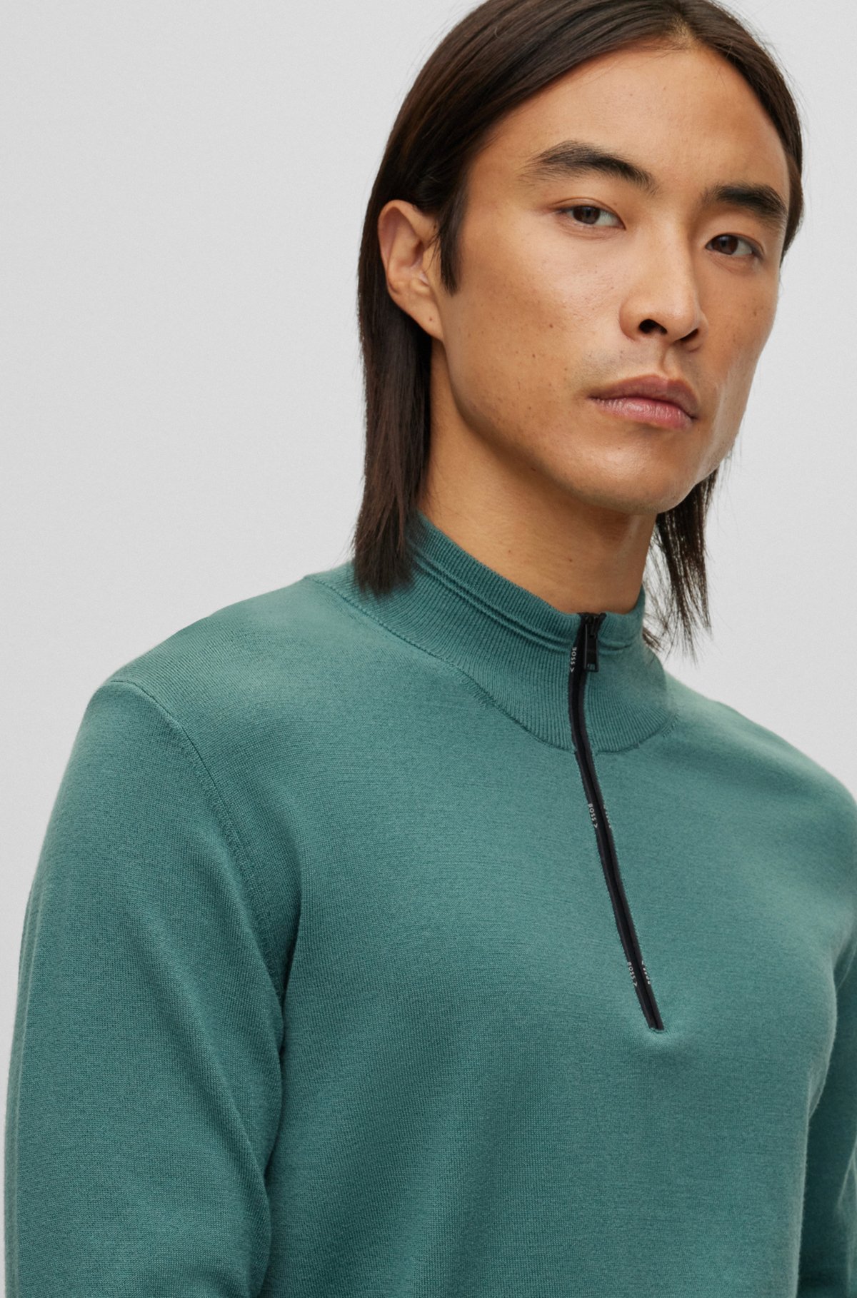 BOSS - Wool-blend sweater with logo-trim zipped collar