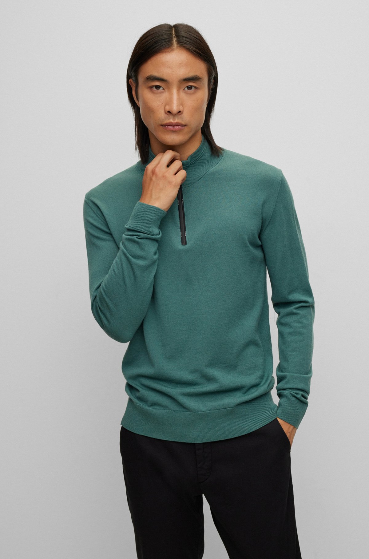 BOSS - Wool-blend sweater with logo-trim zipped collar