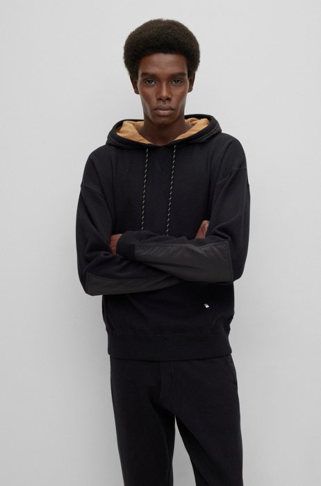 Double-faced hoodie in cotton and virgin wool, Black