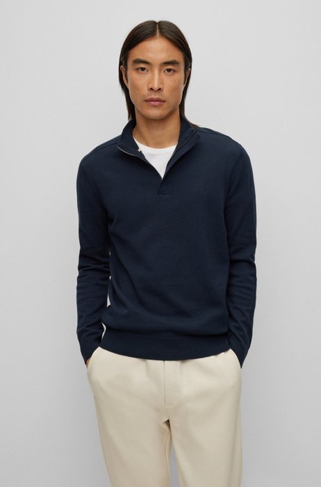 Regular-fit troyer sweater in cotton and virgin wool, Dark Blue