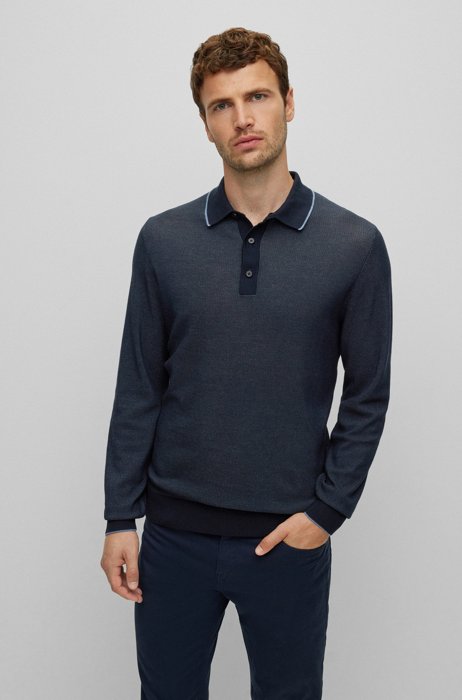 Micro-structured polo sweater in cotton with silk, Dark Blue