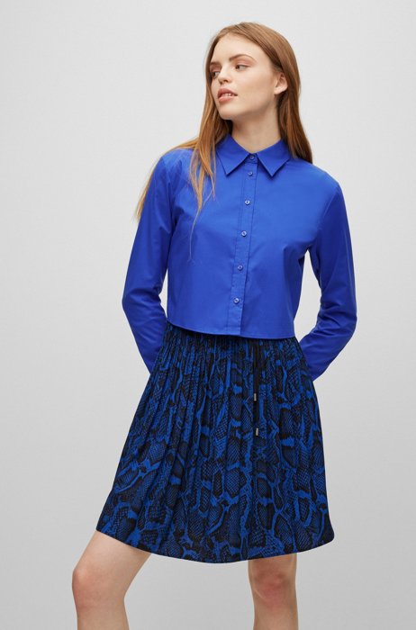 Cropped regular-fit blouse in stretch cotton, Blue