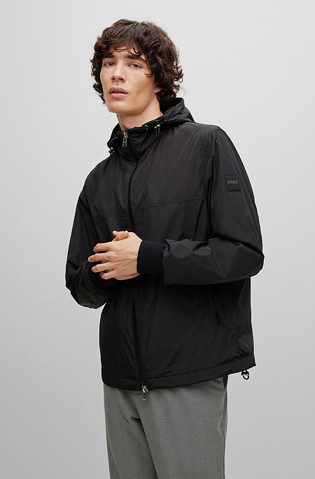 Water-repellent regular-fit jacket with detachable hood, Black