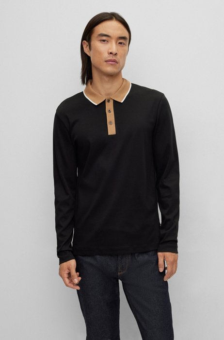 Long-sleeved polo shirt in cotton with contrast collar, Black
