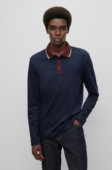 Long-sleeved polo shirt in cotton with contrast collar, Dark Blue