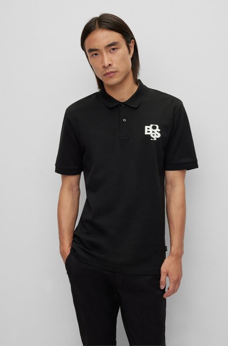 Mercerised-cotton polo shirt with shaken logo, Black