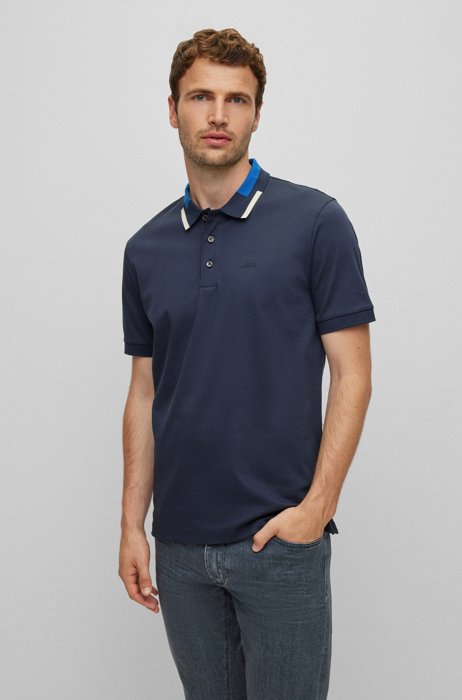 Slim-fit polo shirt in mercerised cotton, Dark Blue