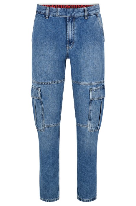Tapered-fit cargo jeans in blue rigid denim, Blue