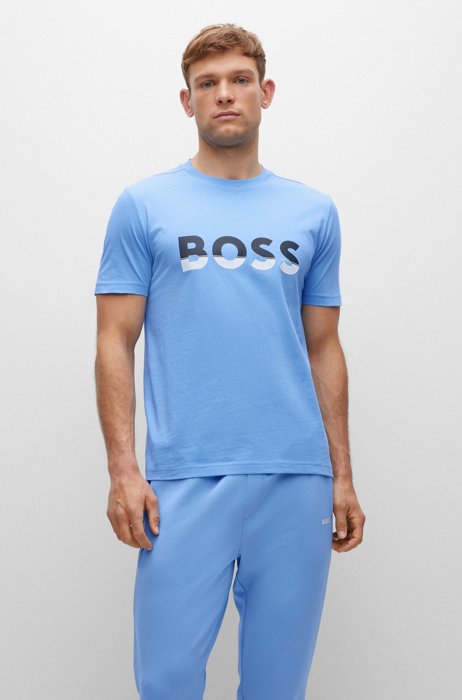 Cotton-jersey T-shirt with colour-blocked logo print, Blue