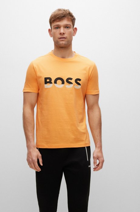 コットンジャージーTシャツ カラーブロックロゴプリント, ライトオレンジ