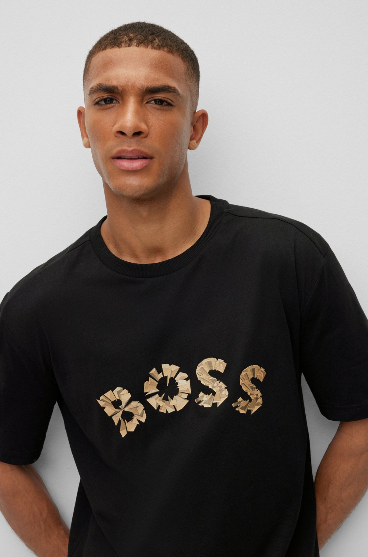 BOSS - Cotton-jersey T-shirt with metallic-effect curved logo