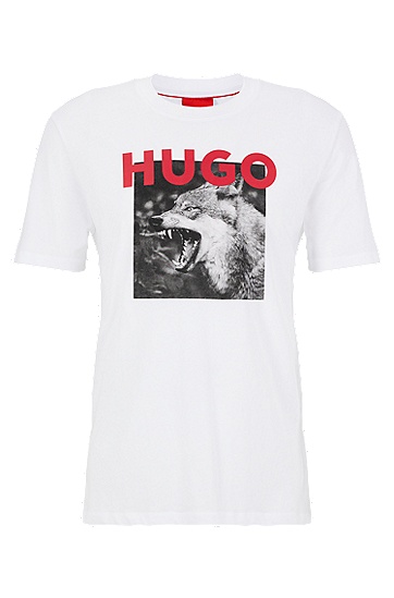 HUGO 雨果狼印花和徽标装饰棉质平纹针织面料 T 恤,  100_White