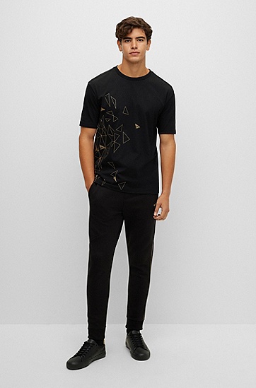 BOSS 博斯金属质感弧形徽标棉质平纹针织面料 T 恤,  001_Black
