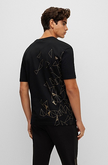金属质感弧形徽标棉质平纹针织面料 T 恤,  001_Black