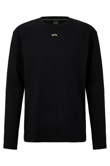 常规版型金属质感徽标装饰棉质平纹针织面料 T 恤,  001_Black