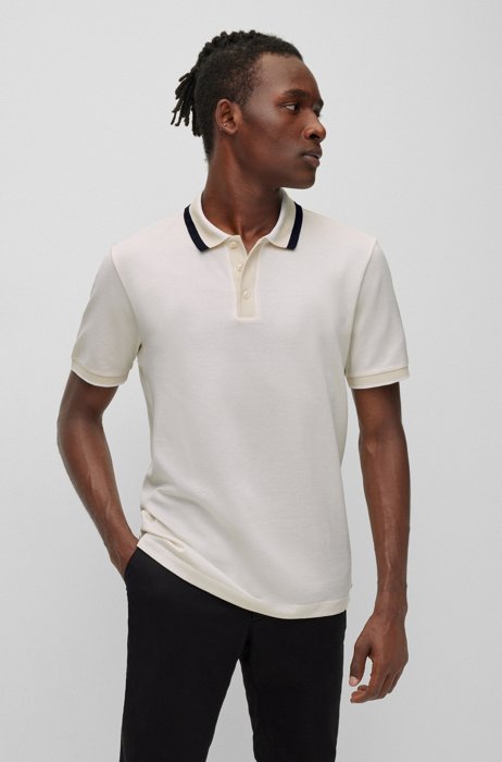 Mercerised-cotton polo shirt with striped collar, White