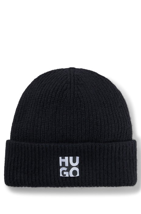 Knitted beanie hat with stacked logo, Black