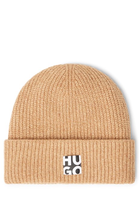 Knitted beanie hat with stacked logo, Light Brown