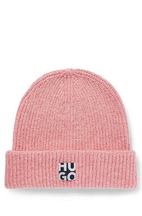 Knitted beanie hat with stacked logo, light pink