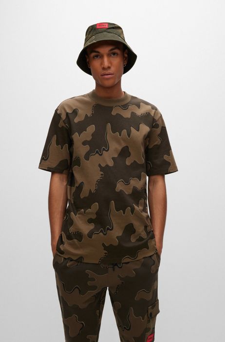 HUGO Cotton Camouflage-print Bucket Hat With Red Logo Label in Green for Men Mens Accessories Wallets and cardholders 