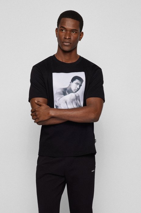 T-shirt van interlocked katoen met Muhammad Ali-graphic, Zwart