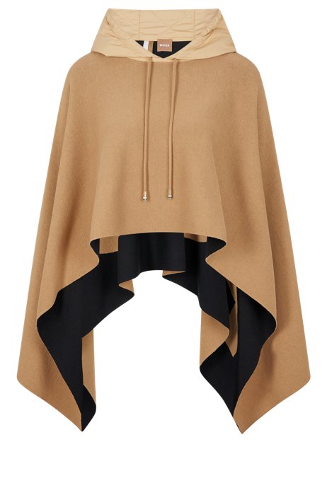 Organic-cotton poncho with hood and oversized logo, Beige