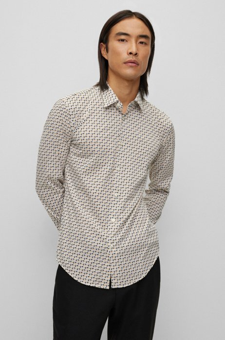 Slim-fit shirt in printed flex-weave fabric, Beige