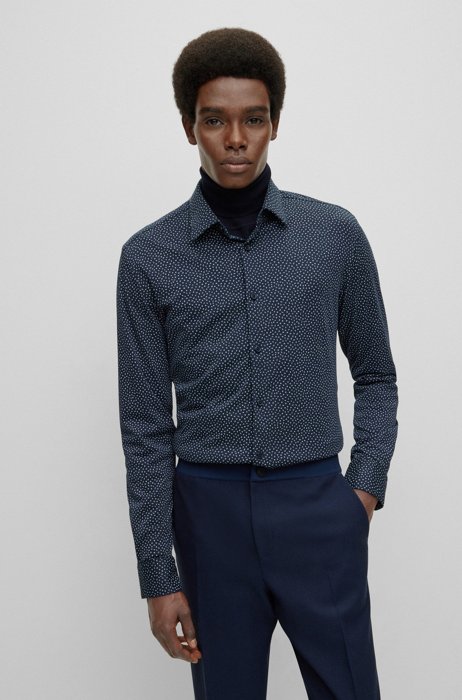 Slim-fit shirt in printed flex-weave fabric, Dark Blue