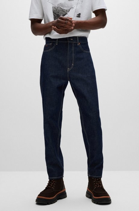 Tapered-fit jeans in blue napped rigid denim, Dark Blue