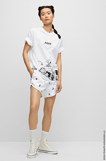 七夕BOSS X PEANUTS联名系列专有艺术风图案棉质平纹针织布 T 恤,  100_White