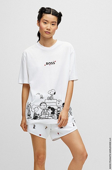七夕BOSS X PEANUTS联名系列专有艺术风图案棉质平纹针织布 T 恤,  100_White