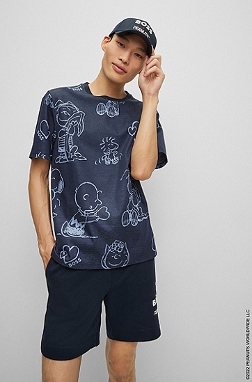 七夕BOSS X PEANUTS联名系列专有艺术风图案棉质提花 T 恤,  404_Dark Blue