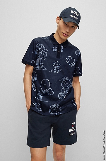 七夕BOSS X PEANUTS联名系列专有艺术风图案棉质提花 Polo 衫,  404_Dark Blue