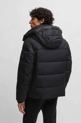 water repellent hooded puffer jacket with logo patch