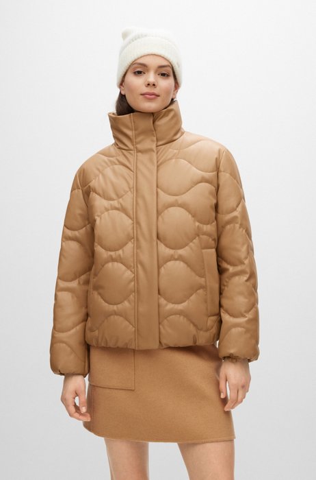 Relaxed-fit quilted padded jacket in faux leather, Beige