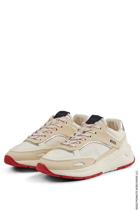 Mixed-material trainers with metallic trims, Light Beige