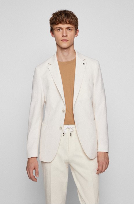 Slim-fit jacket in stretch seersucker fabric, White