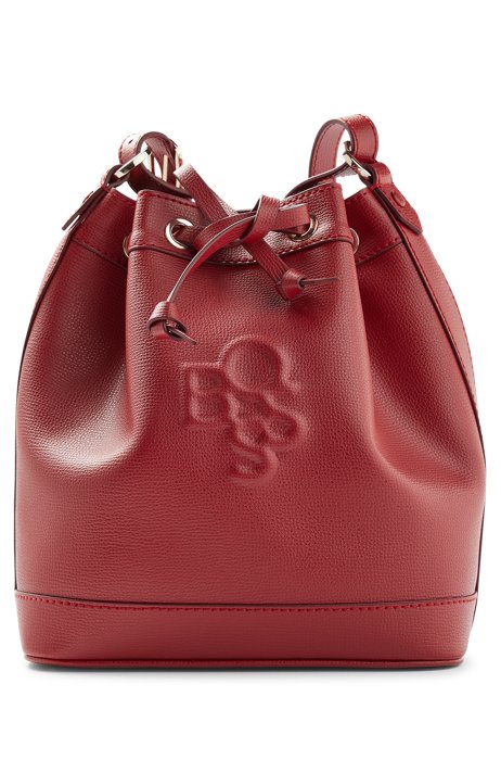Grained-leather bucket bag with shaken logo, Red